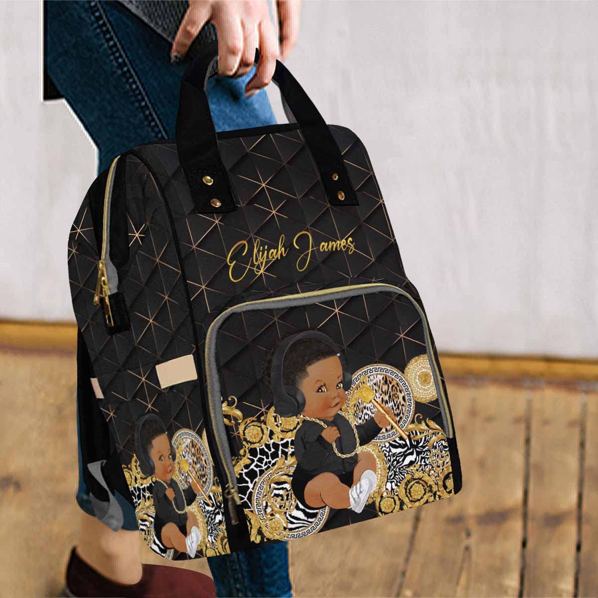 Artsadd Personalized Diaper Bag Backpack, Golden Stripe Necklace Nappy Backpack Large Travel Shoulder Bag Customized Multifuncti