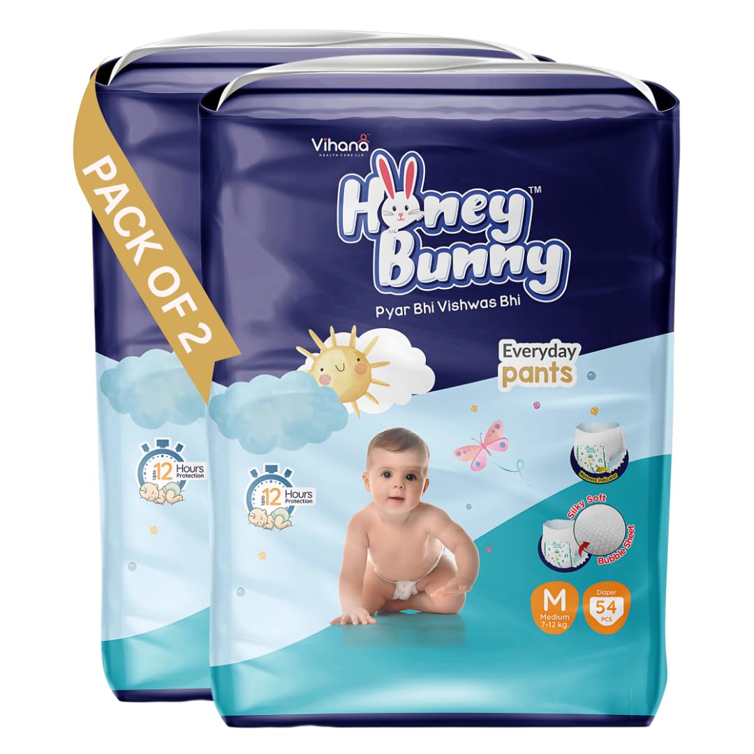 Honey Bunny Everyday Baby Diapers Pants | Medium (M), 108 Count, 712 Kg | Silky Soft On Skin, Bubble Layer | 12 Hours Protectio