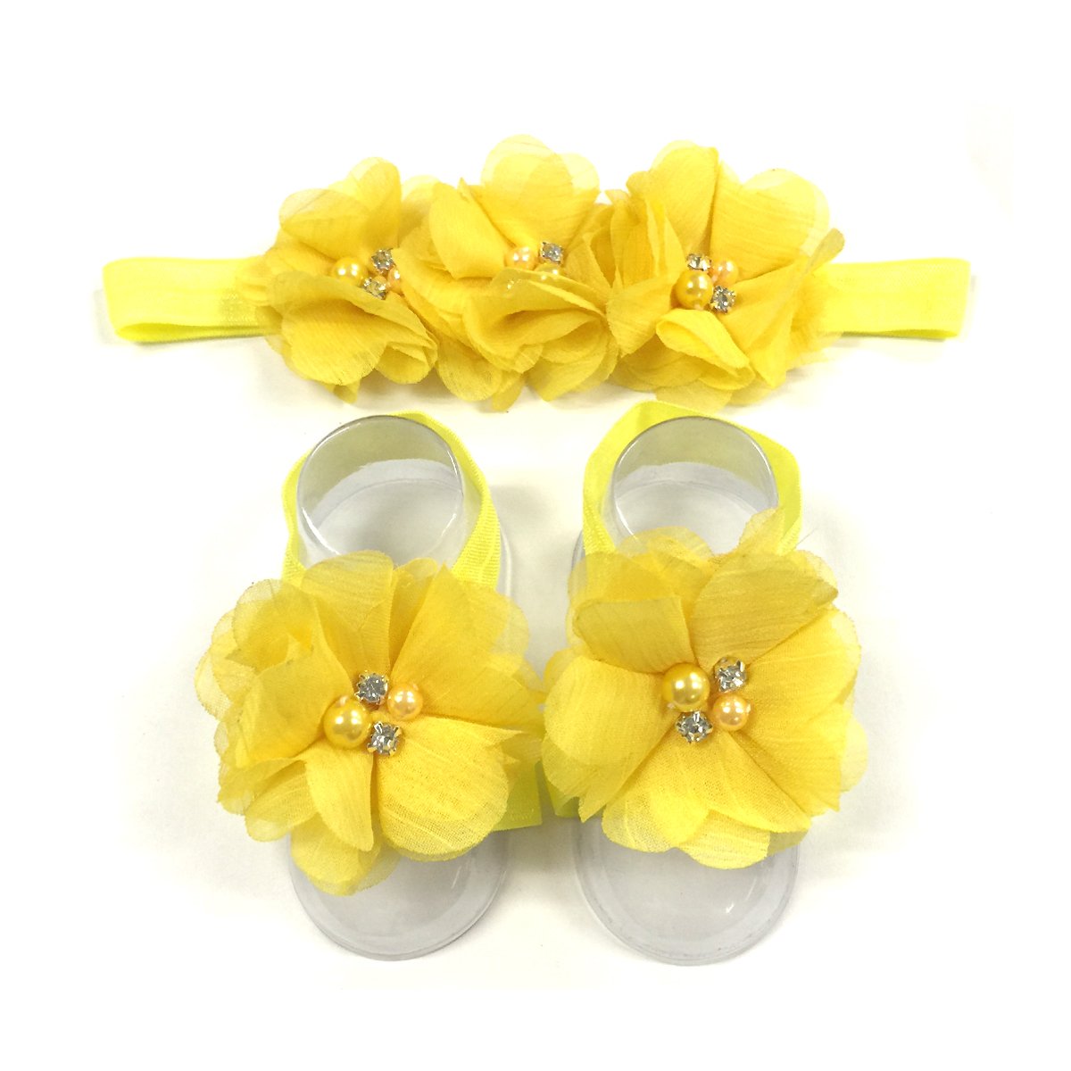 Allydrew Baby Girl Barefoot Flower Sandals & Headbands Set Chiffon Flower Baby Sandals - Sunshine (Set Of 4),One Size