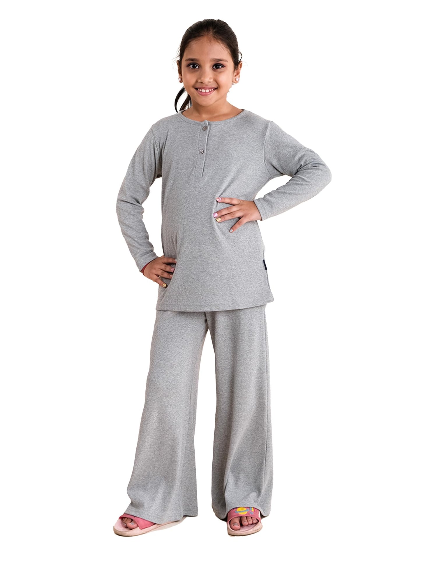 Girls Henley Neck Tee and Pyjama Night Set, Grey Melange, 34Y