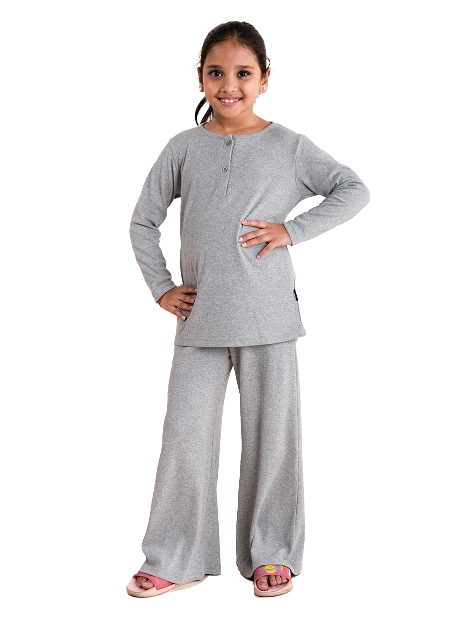 Girls Henley Neck Tee and Pyjama Night Set, Grey Melange, 34Y
