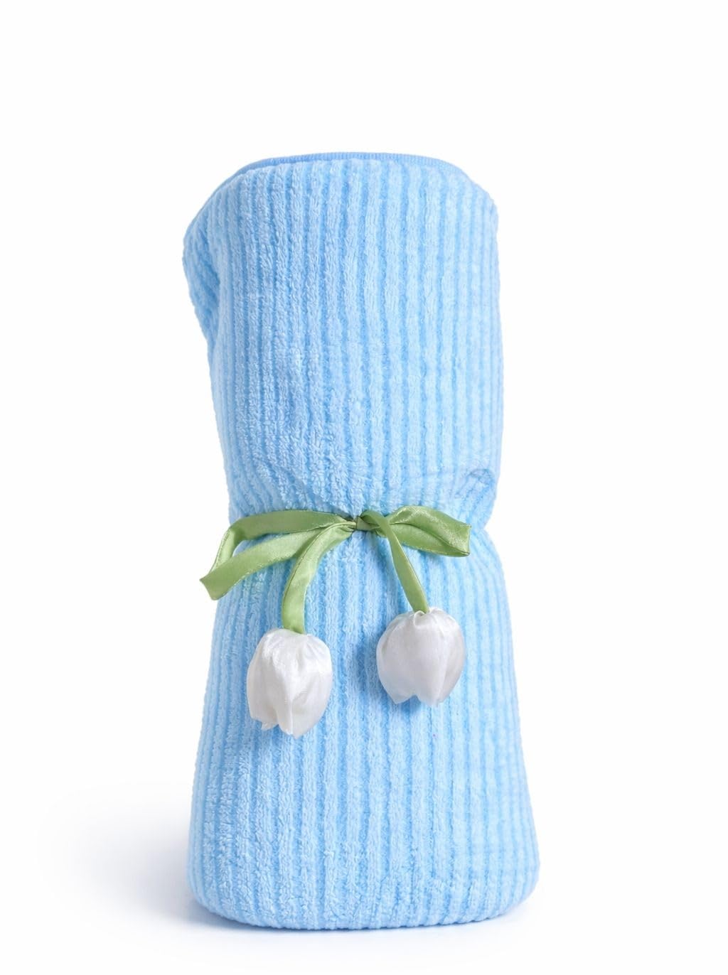 Hi mom Baby Hooded Towel, Soft Striped Texture, with Decorative Floral Ribbon (Blue, 50X110)