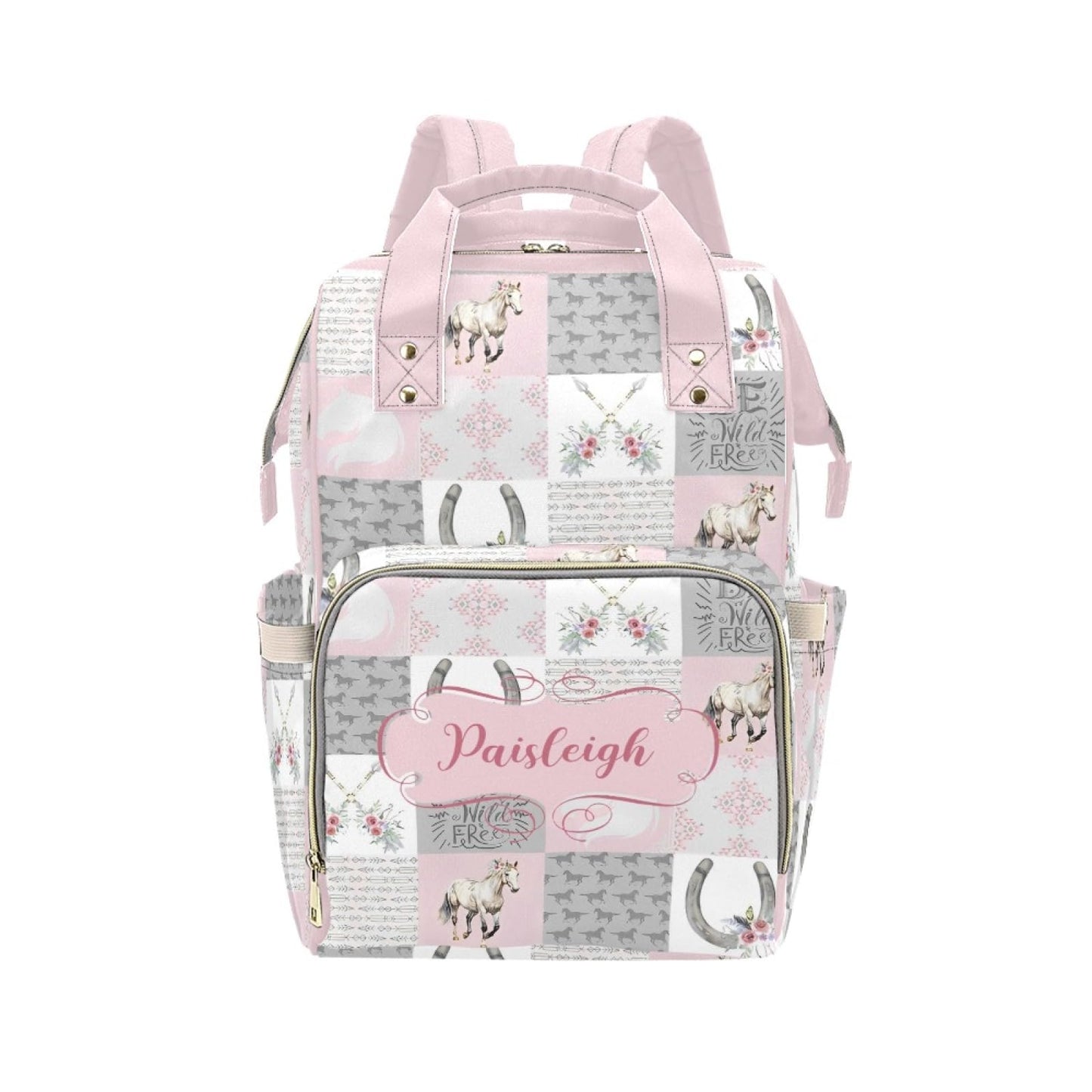 Noverbibi Horse Pink Personalized Diaper Bag with Custom Name - Custom Baby Tote Backpack for Mom, Unique Gift for New Parents, 