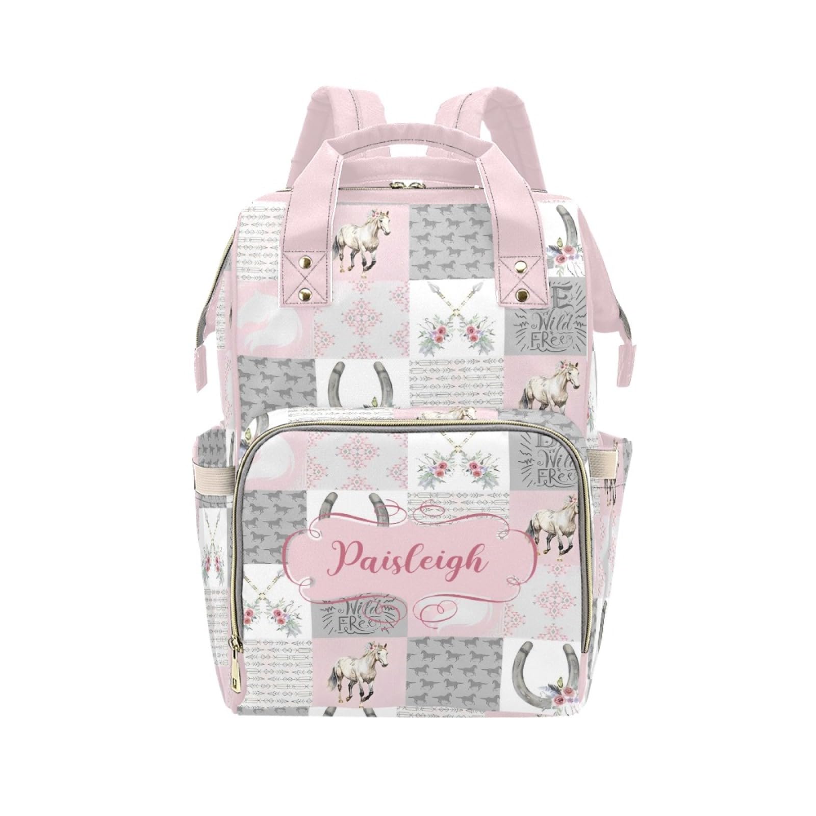Noverbibi Horse Pink Personalized Diaper Bag with Custom Name - Custom Baby Tote Backpack for Mom, Unique Gift for New Parents, 