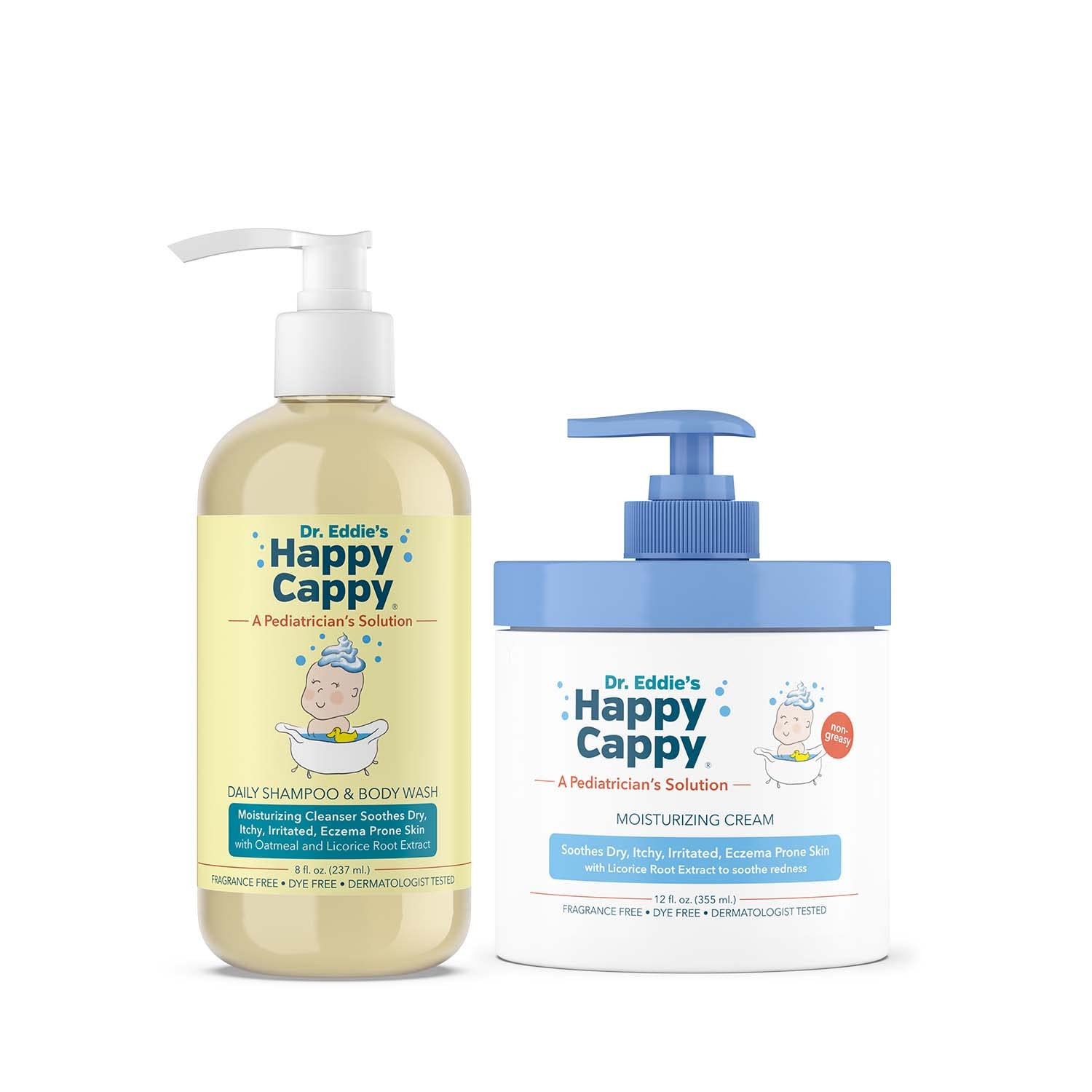 Happy Cappy Baby Shampoo, Body Wash, & Moisturizing Cream Bundle - Eczema Body Wash and Lotion for Kids & Toddlers, Helps with D