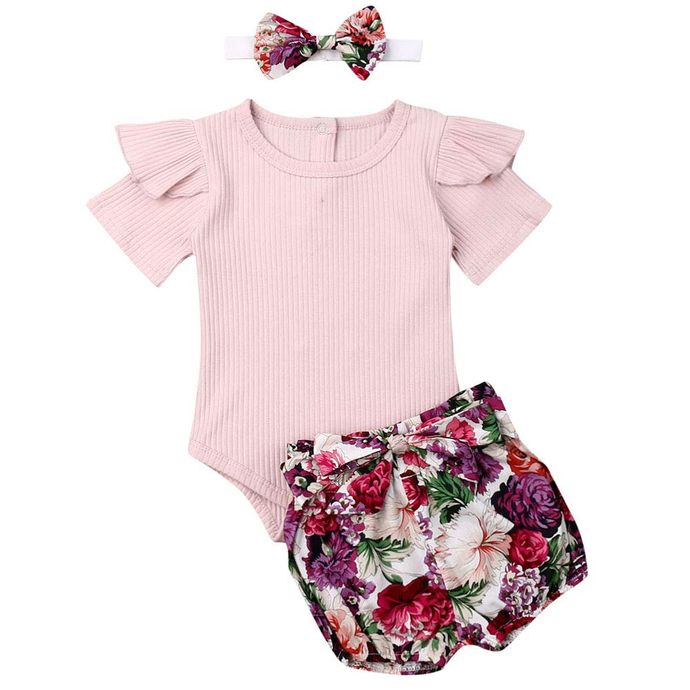 Newborn Baby Girls Cotton Short Sleeve Ruffle Bodysuit And Floral Shorts Headband Outfit Summer Clothes Set (3-6 Months, Pink+Pu