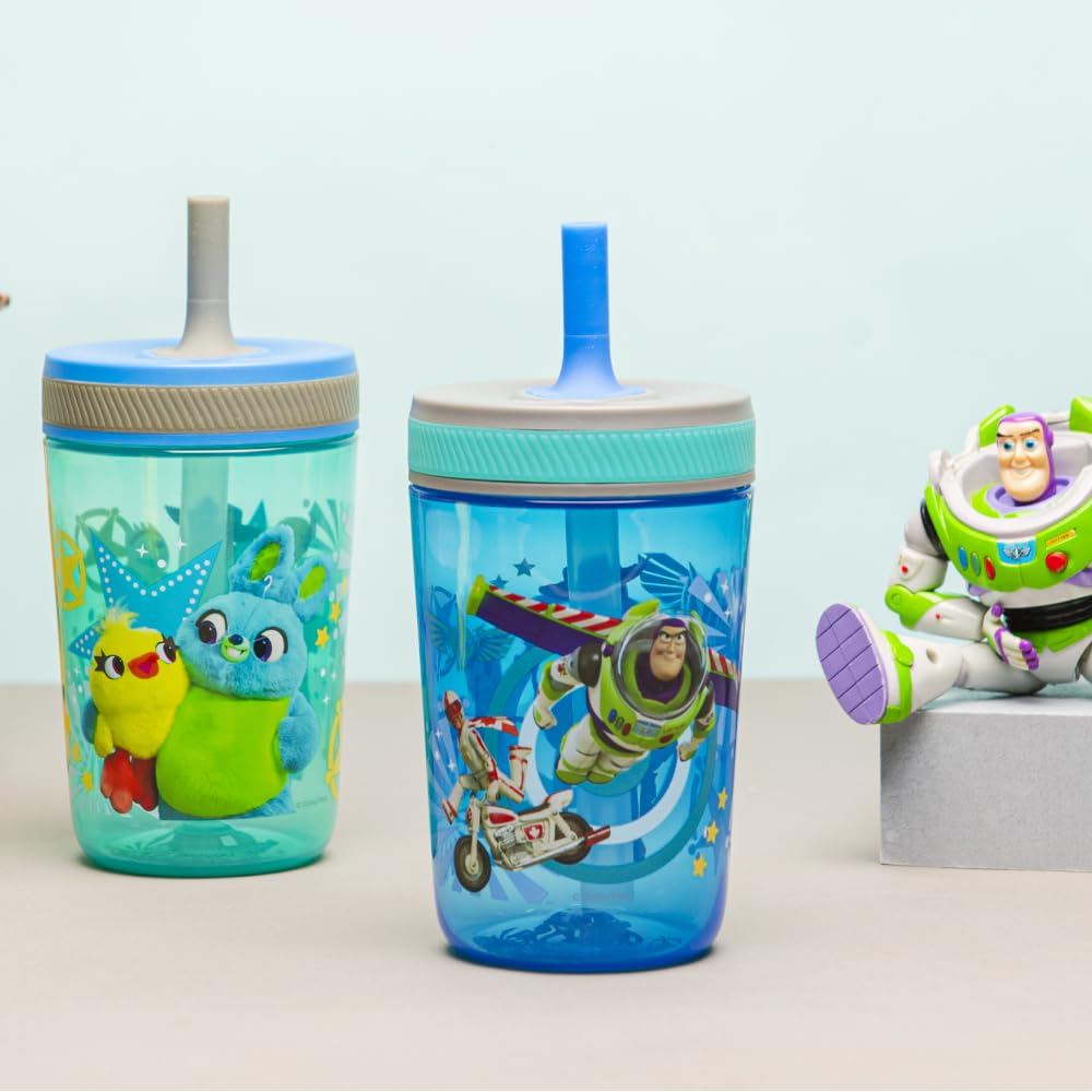 Zak Designs Kelso 15 Oz Tumbler Set (Toy Story 4 - Woody & Buzz 2Pc Set) Toddlers Cup Non-Bpa Leak-Proof Screw-On Lid With Straw