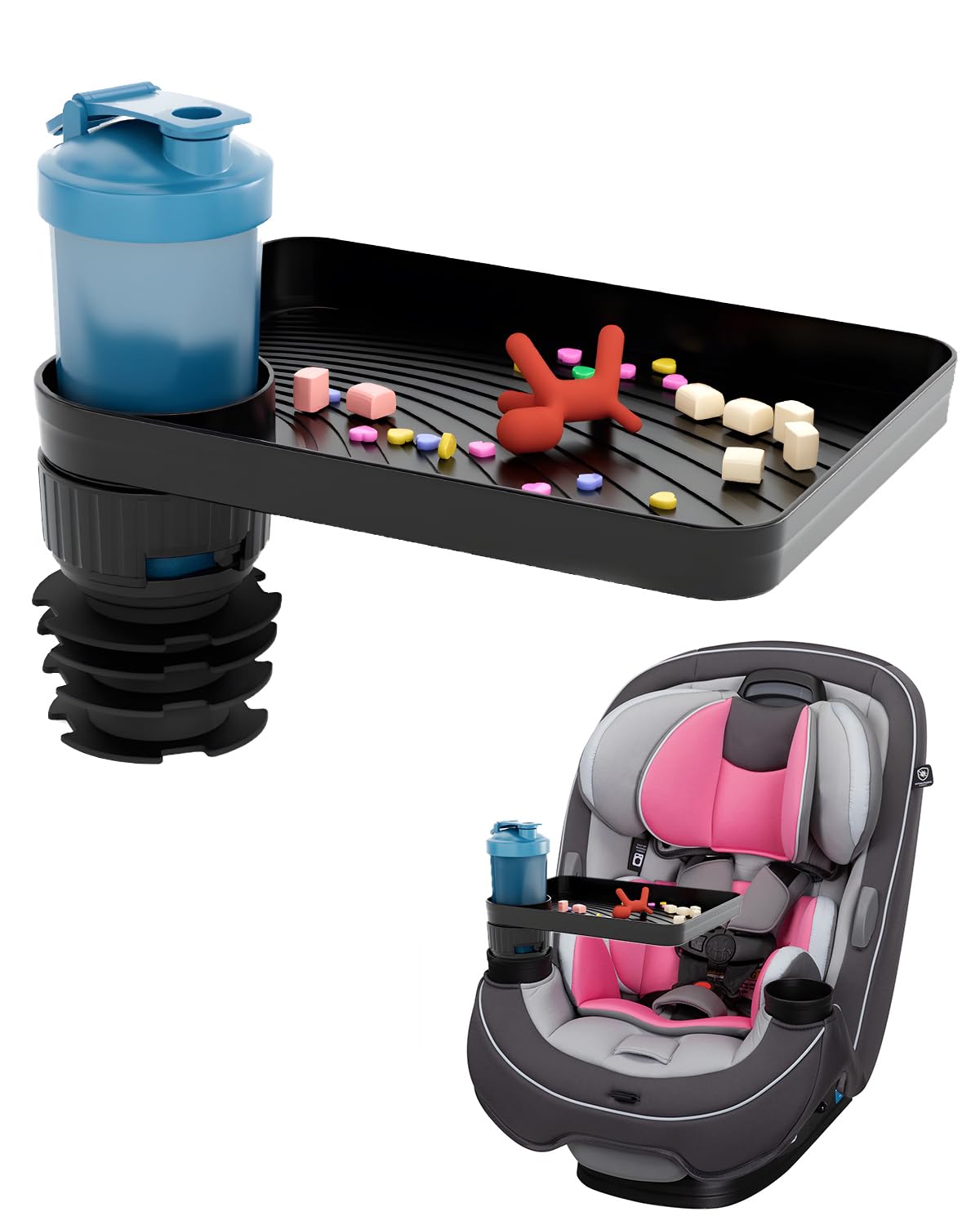 Seven Sparta Car Seat Tray For Kids Toddler Travel With Soft Rubber Base, Rotatable And Removable Cup Holder Snack Tray For Food