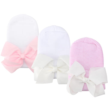 Dreshow Bqubo Newborn Hospital Hat Infant Baby Hat Toddler Beanie Hat With Big Bow Baby Nursery Caps, 0-3 Months