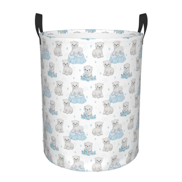 Kuilepa Playful Polar Bear Pals Print Laundry Basket Circular Laundry Hamper With Handles Waterproof Dirty Clothes Storage Baske