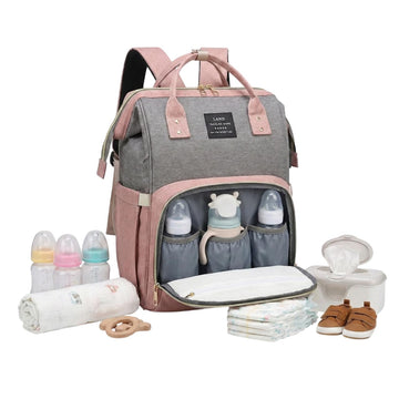 Cubbycoo LAND Diaper Bag Backpack with Stroller Straps, Pink and Grey, Lightweight Polyester Baby Travel Bag, 2.1lb