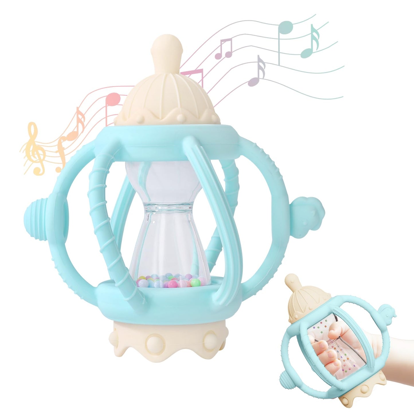 Socub Baby Rattle Teether Toys for 0-12 Months, 2-in-1 Sensory Hand Grasp Shaker with Soft Silicone Teething Ball & Pacifier, BP
