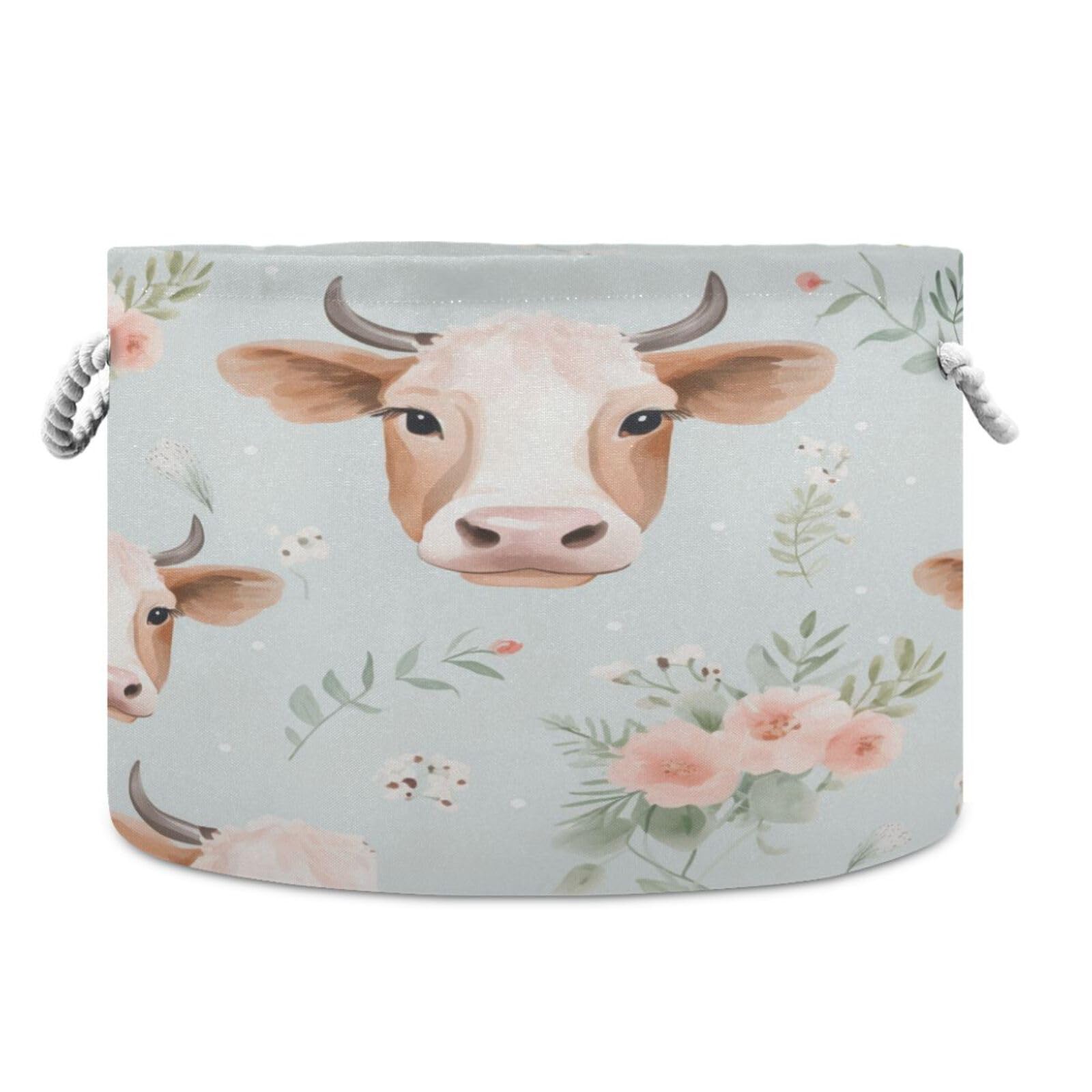 Canvas Storage Organizer Bin, Cute Cow (1) Storage Basket Laundry Hamper with Handle for Clothes Playroom Decor, Large, 20 in Di