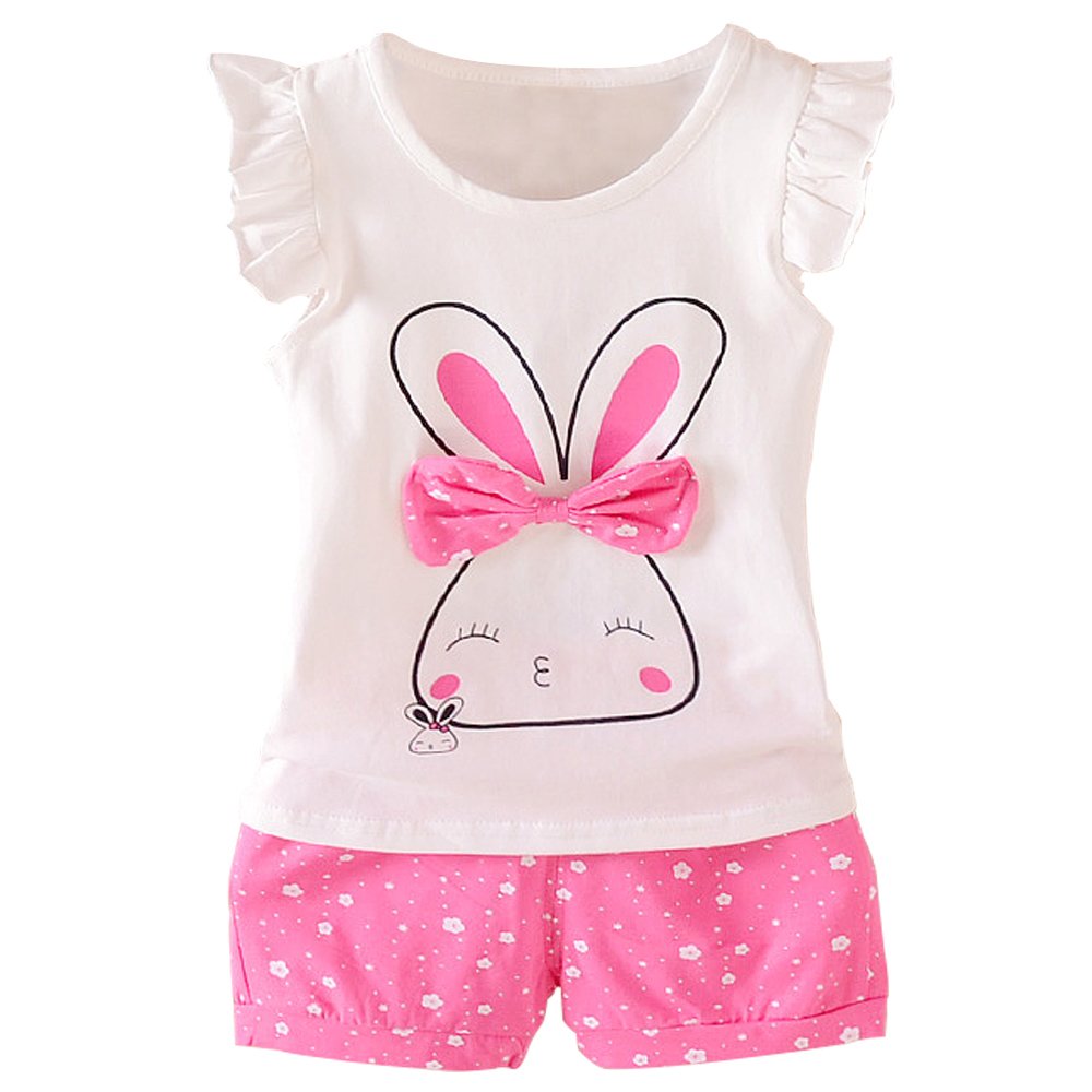 Mh-Lucky Baby Girl Clothes Outfits Short Sets 2 Pieces With T-Shirt + Short Pants (T-Red+White, 24 Months)