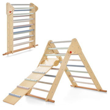 Olakids Pikler Triangle Set 3 In 1 Climbing Toys For Toddlers Foldable Wood Montessori Baby Jungle Gym With Ramp Ladder Slide Ki