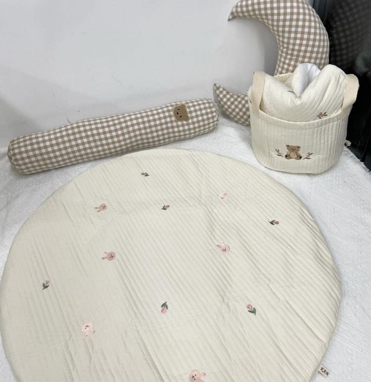 Baby Play Mats, 33.5' Cotton Embroidered Crawling Mat, Detachable Washable Floor Mat Soft Kids Room Decor Rug Gym Nursery Area