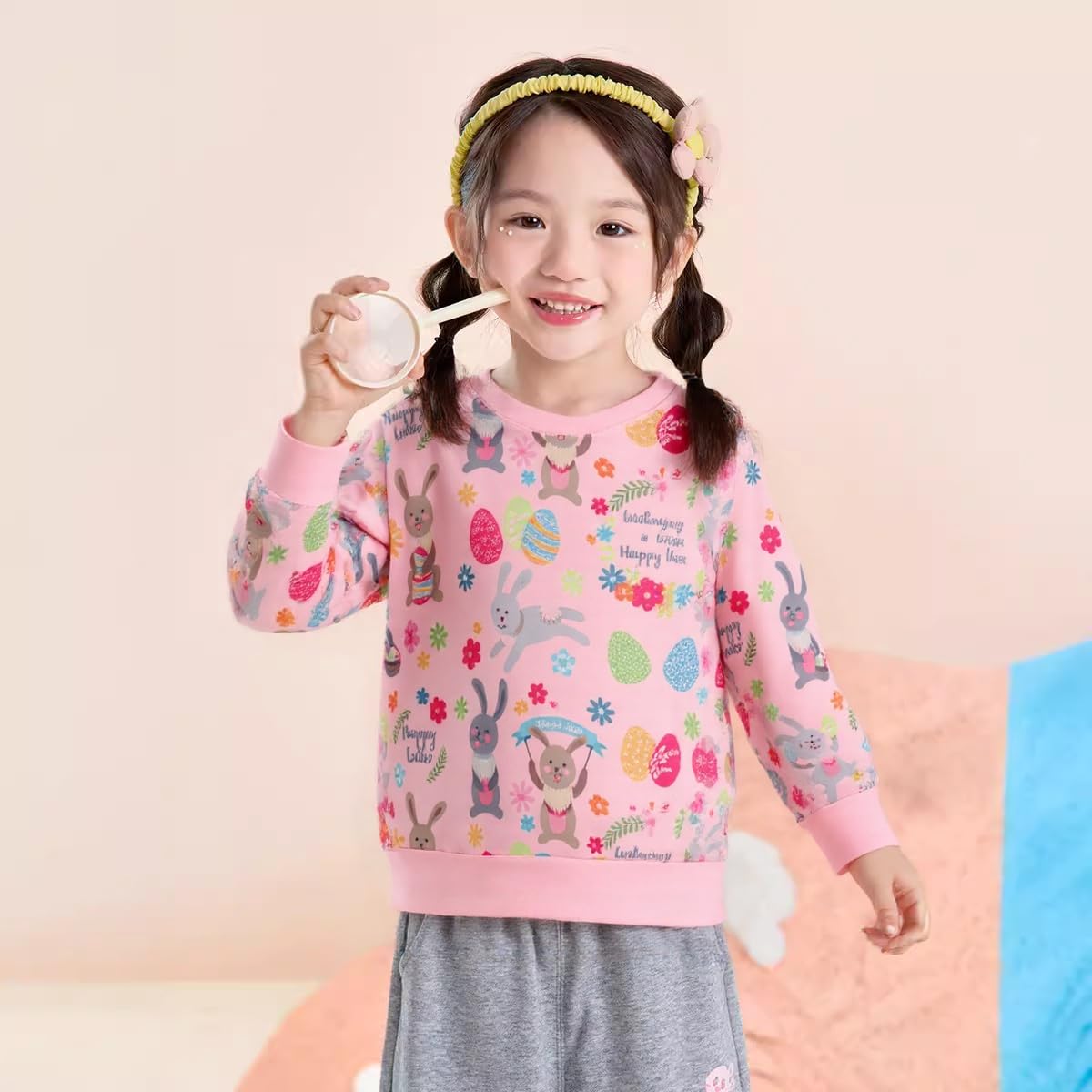 Akyzic Easter Bunny Sweatshirts For Girls Long Sleeve Crewneck Eggs Outfits Toddler Spring Clothes Kids Easter Rabbit Sweater 6T