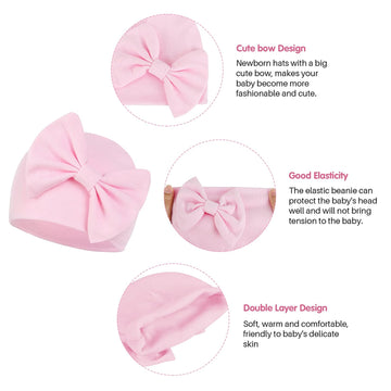Century Star Newborn Girls Hats Baby Hat And Mitten Set Big Bow Knit Infant Headbands Winter Baby Hat For Girls G White & Pink &