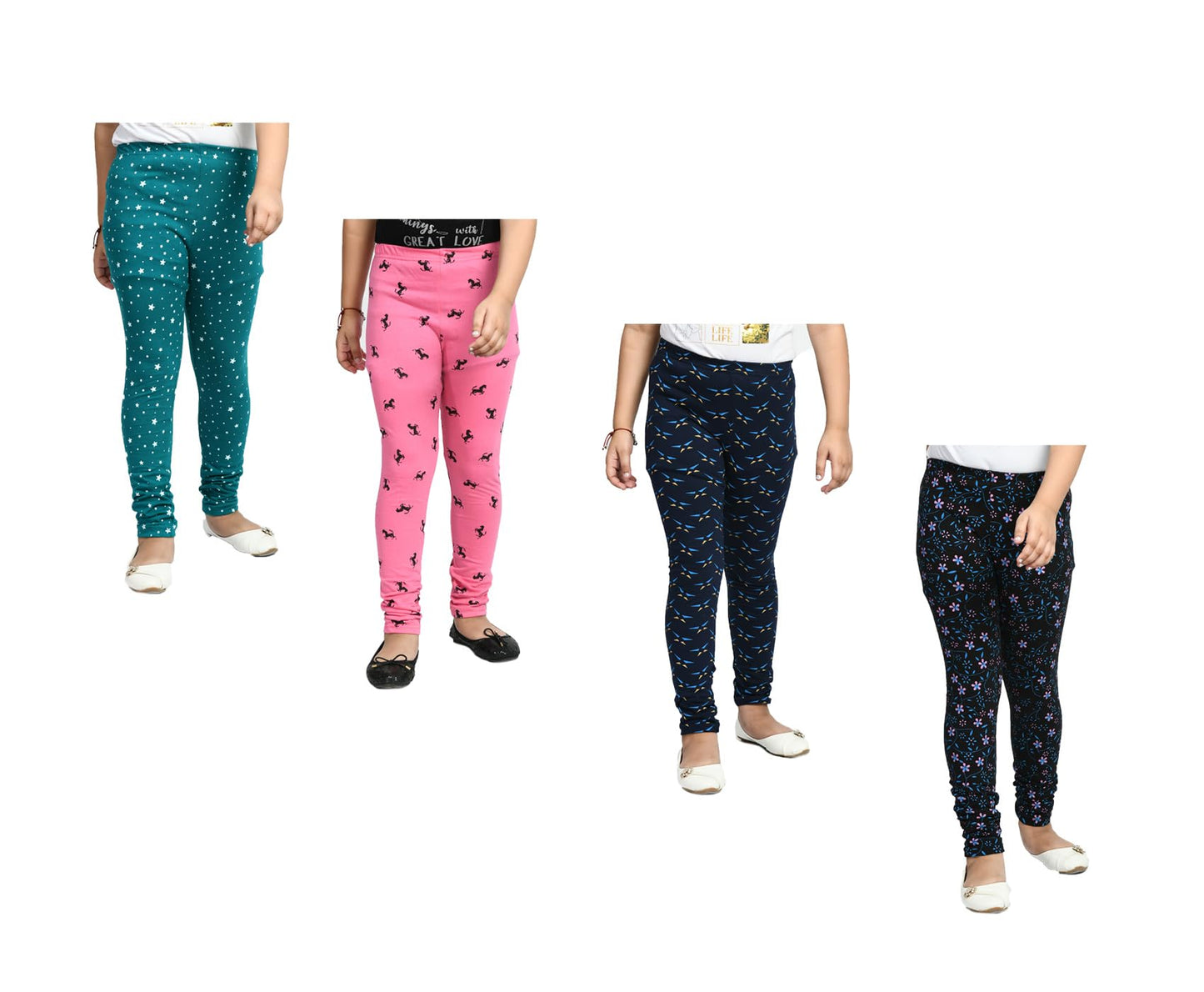 Girls Soft Cotton Allover Printed Slim Fit Leggings Pants (Pack of 4) Multicolor201