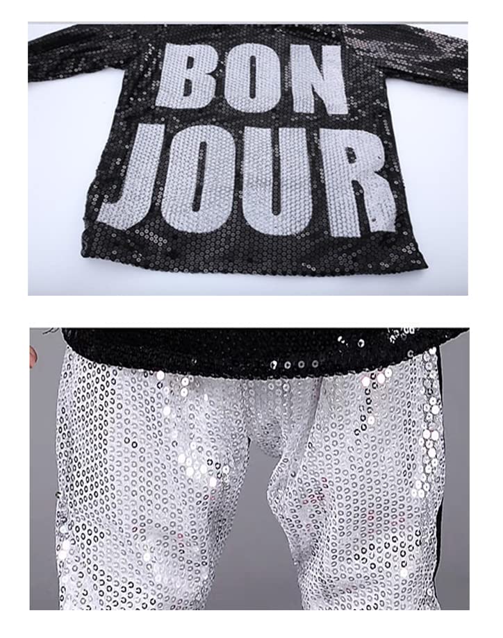 Lolanta Kids Dance Costume Boys Girls Sequins Hip Hop Clothes 80S 90S Outfits Shiny Dress Up Dancewear(Silver,8-10)