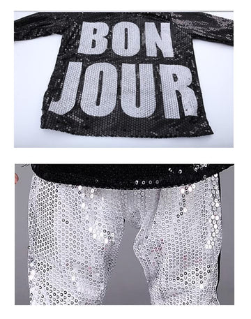 Lolanta Kids Dance Costume Boys Girls Sequins Hip Hop Clothes 80S 90S Outfits Shiny Dress Up Dancewear(Silver,8-10)
