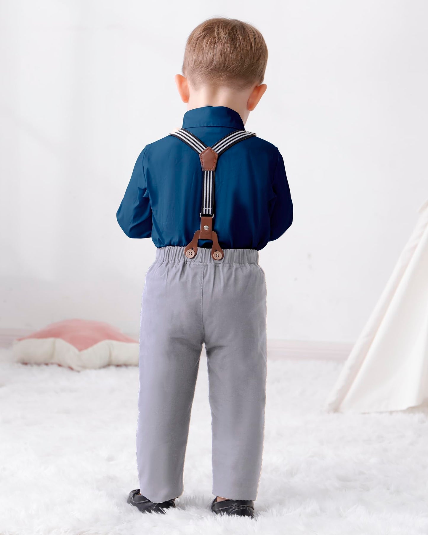 Matching Family Outfits Long Sleeve Dark Blue Grey Dress Shirt Bow Tie Suspender Pants Boys Church Outfit 4T 5T 4-5T