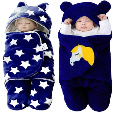 Swissberry Baby Blanket New Born Combo Pack of Hooded Swaddle Wrappers Security Blankets Pack of 2 Pc.(Navyblue 06 Months)