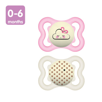 Mam Supreme Night Baby Pacifier, For Sensitive Skin, Patented Nipple, 2 Pack, 0-6 Months, Girl