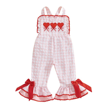 FIOMVA Toddler Baby Girl Valentines Day Outfit Ruffle Romper Jumpsuit Heart Embroidery Sleeveless Striped Bell Bottom Overall (P