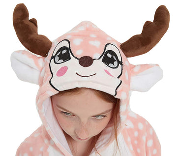Abenca Kids Deer Onesie Reindeer Costume Animal Girls Pajamas Christmas Halloween Cosplay Sleepwear.Pink Deer.140