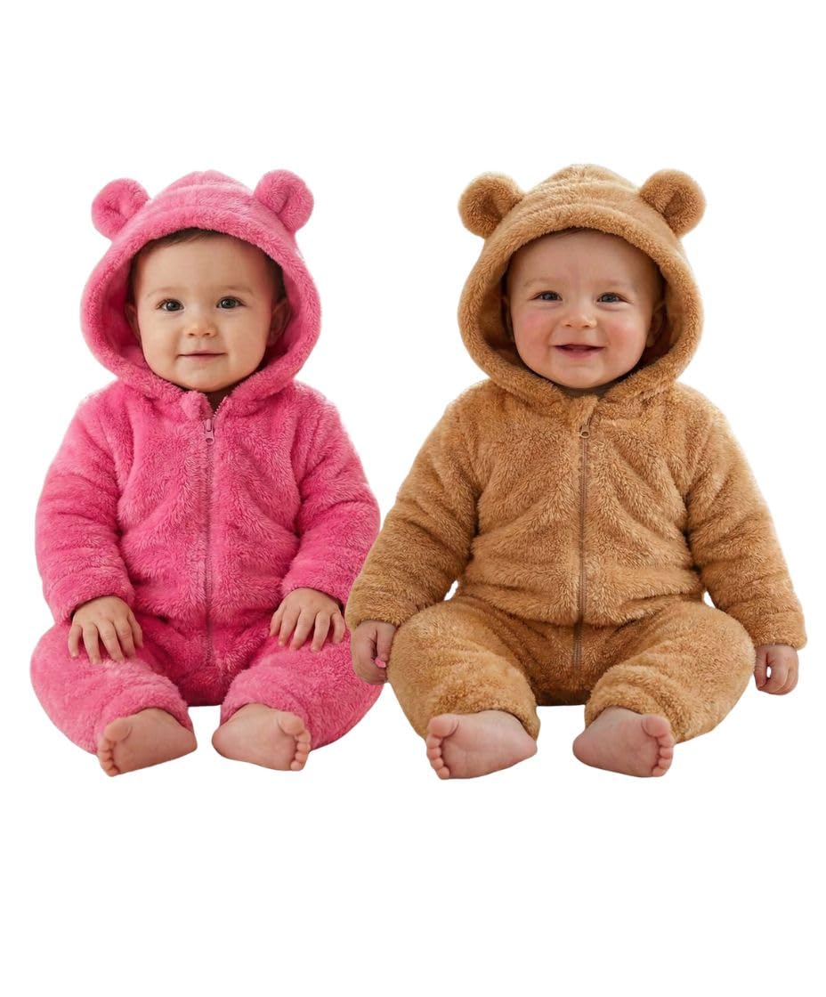 Baby Winter Fleece Romper, Hooded Bear Ears Design, Mint Green, FullZip Jumpsuit (2, HotPink&Brown, 0309month)