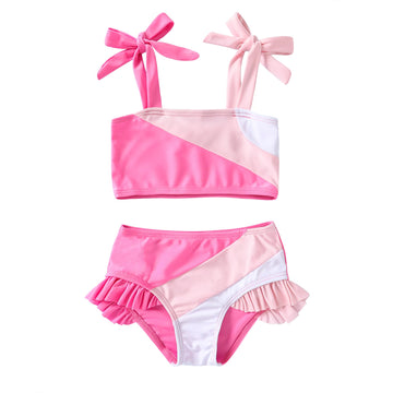 Younger Tree Toddler Girls Two Pieces Swimsuit Color Block Stripe Swimwear Summer Beach Bathing Suit (S Red 18-24 Months)