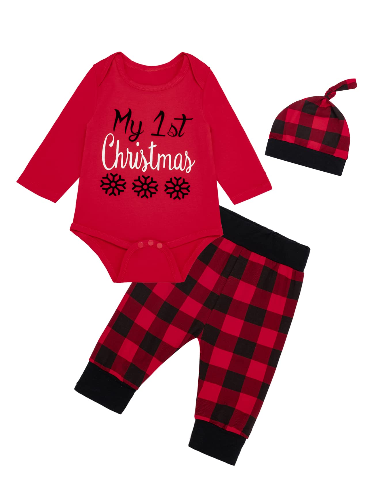Auggle Infant Baby Boys Girls 3-Piece My First Christmas Snowflake Plaid Bodysuit (3-6 Months) Red