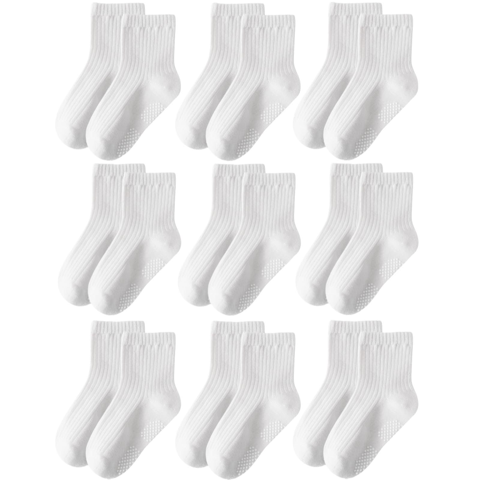 EUFANCE Toddler Grip Socks Non Slip Crew Cute Seamless Cotton Socks for Baby Boys Girls Infants Kids White 9 Pairs