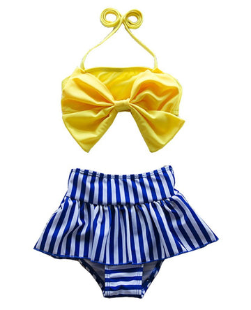 Cute Baby Bikini Big Bowknot Stripe 2 Pieces Skirt Swimwear Sets(Small, Yellow)