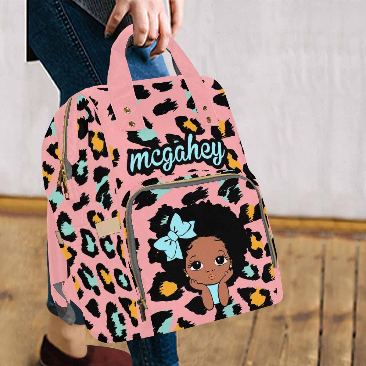 Artsadd Custom Baby Bag Large Capacity Nappy Bag For Mom, Blue Bow Knot Handbags Personalized Name Diaper Backpack With Stroller