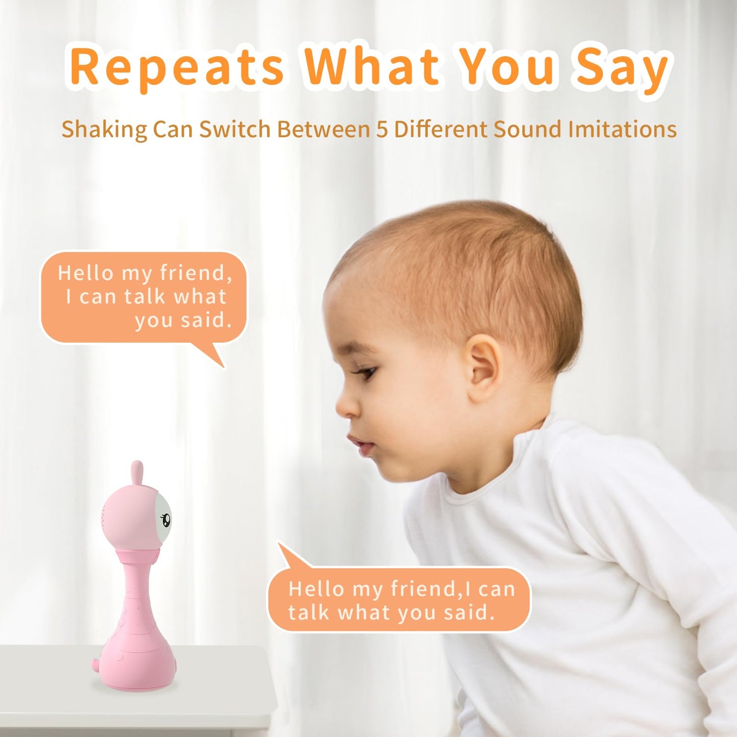 alilo Yoyo Talking Bunny Baby Musical Light-Up Rattle Toys 0-6-12-18 Months, Voice Mimicking Toys, Preloaded 90+ Audio Content,