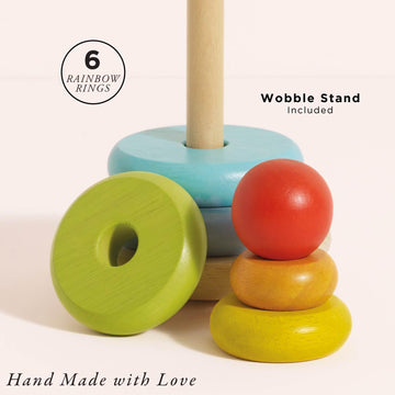 Le Toy Van - Wooden Rainbow Stacker | Girl & Boy 7 Piece Rainbow Wobbling Ring Stacker - Suitable for 18+ Months