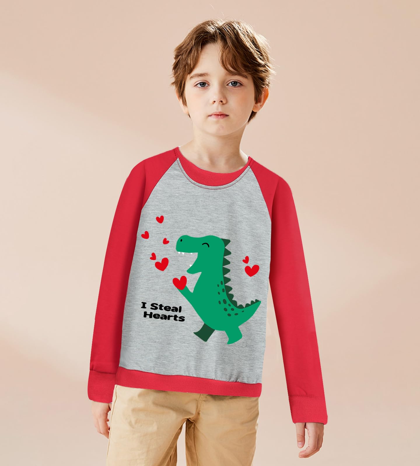 Tkria Boy Valentine'S Day Sweatshirt Dinosaur Love Steal Hearts Loving Toddler Outfits Baby Boy Long Sleeve Pullover 7 Years