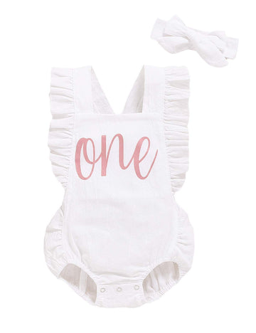 Shalofer Baby Girls One Year Old Outfits First Birthday Romper Cute Backless Ruffles Jumpsuit With Headband (White,6-12 Months)