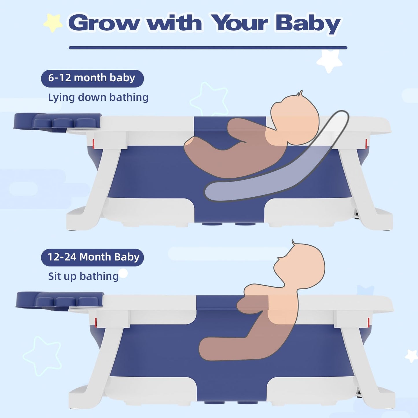 Collapsible Baby Bathtub, Baby Bath Tub With Soft Cushion & Thermometer, Alligator Baby Bathtub With Detachable Feet, Durable In