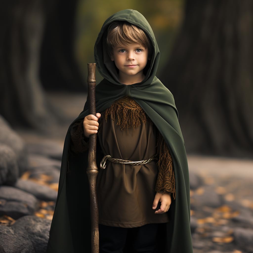 Homelex Green Renaissance Costume For Boys - Kids Medieval Cloak With Hood Halloween Ranger Wizard Elven Hooded Cape Robe