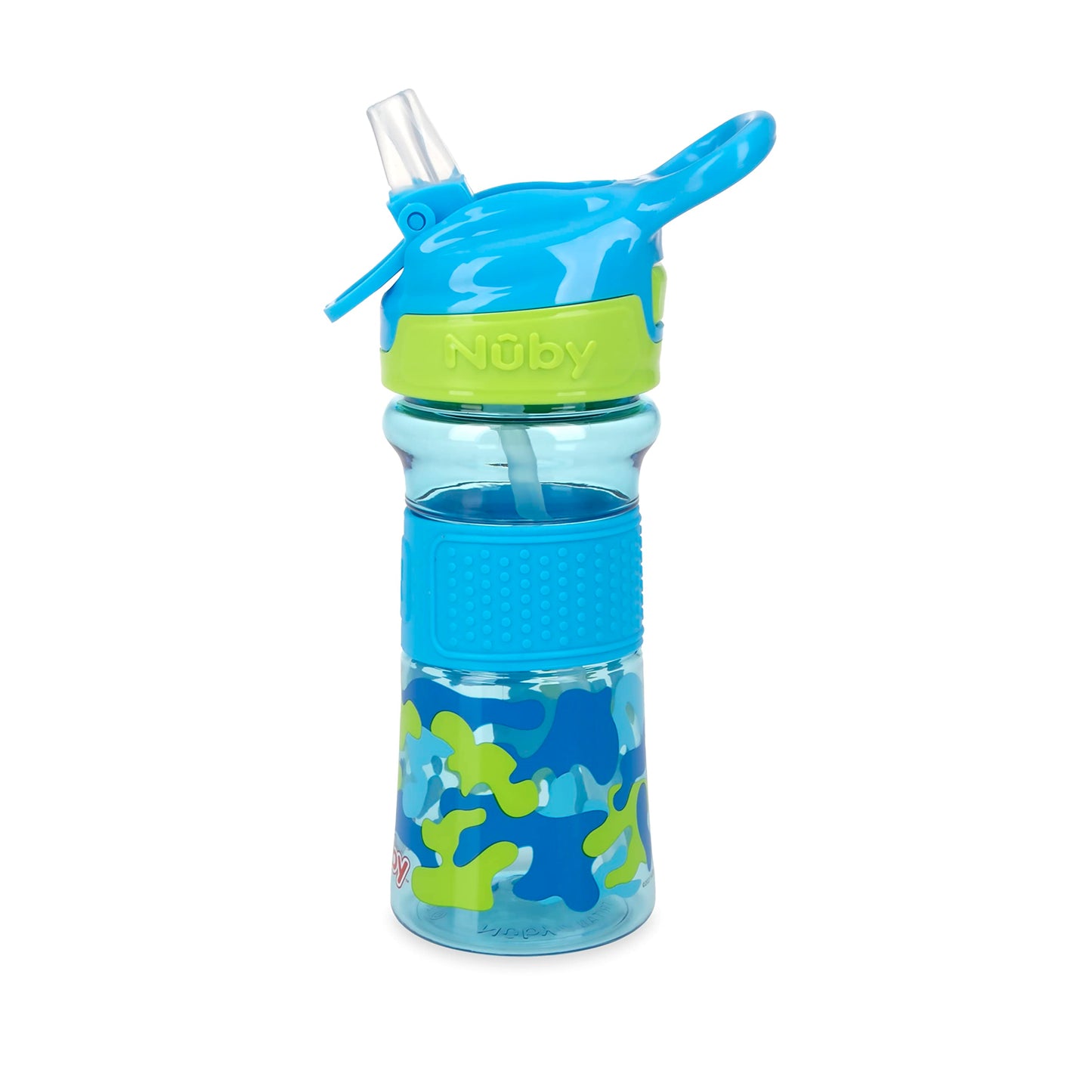 Nuby Thirsty Kids No Spill Flip-It Reflex Travel Cup With Soft Silicone Spout, 12 Oz, Aqua Camo