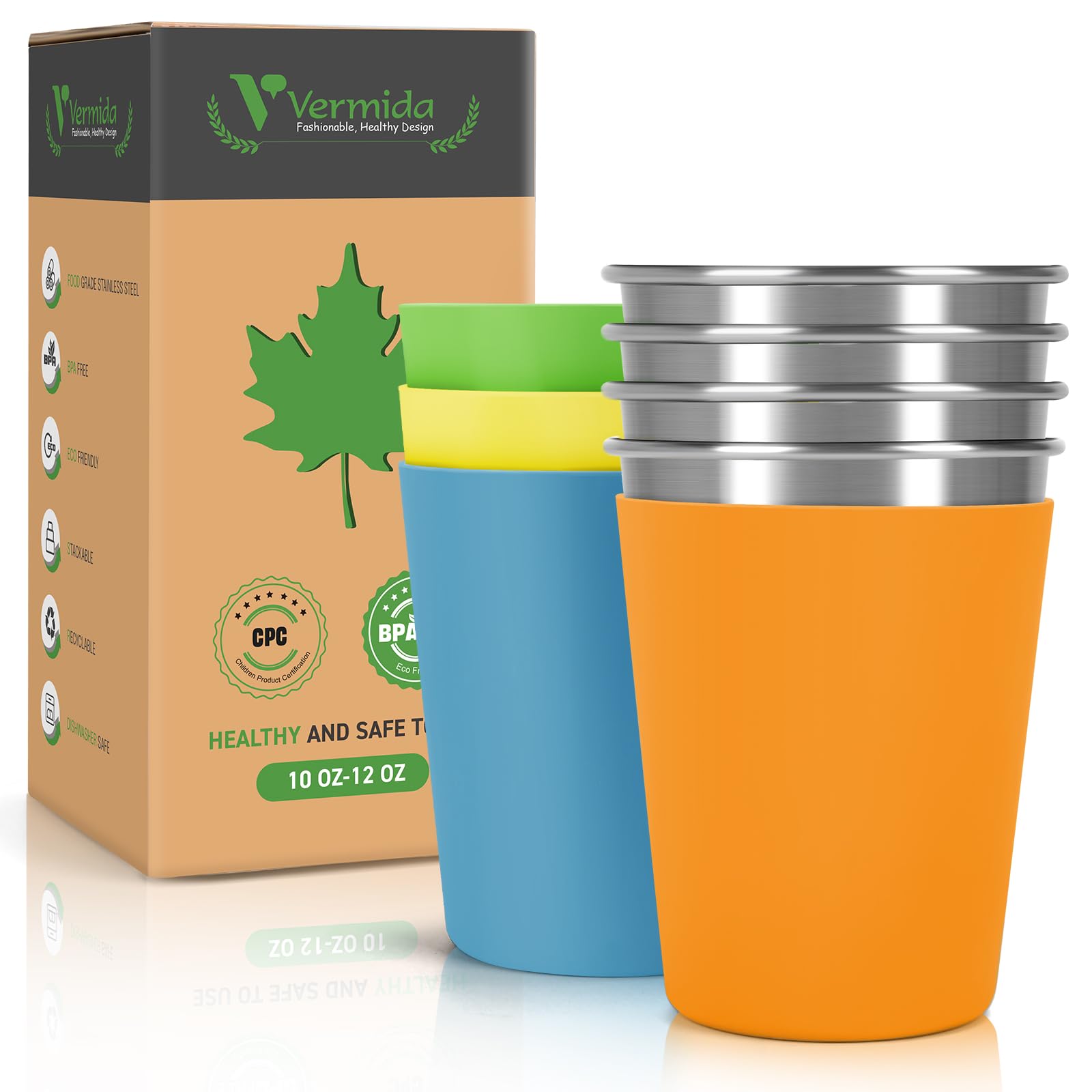 Vermida Stainless Steel Cups for Kids and Toddlers Stackable, 10oz Stainless Steel Kids Cups with Silicone Sleeves Sweat Proof, 