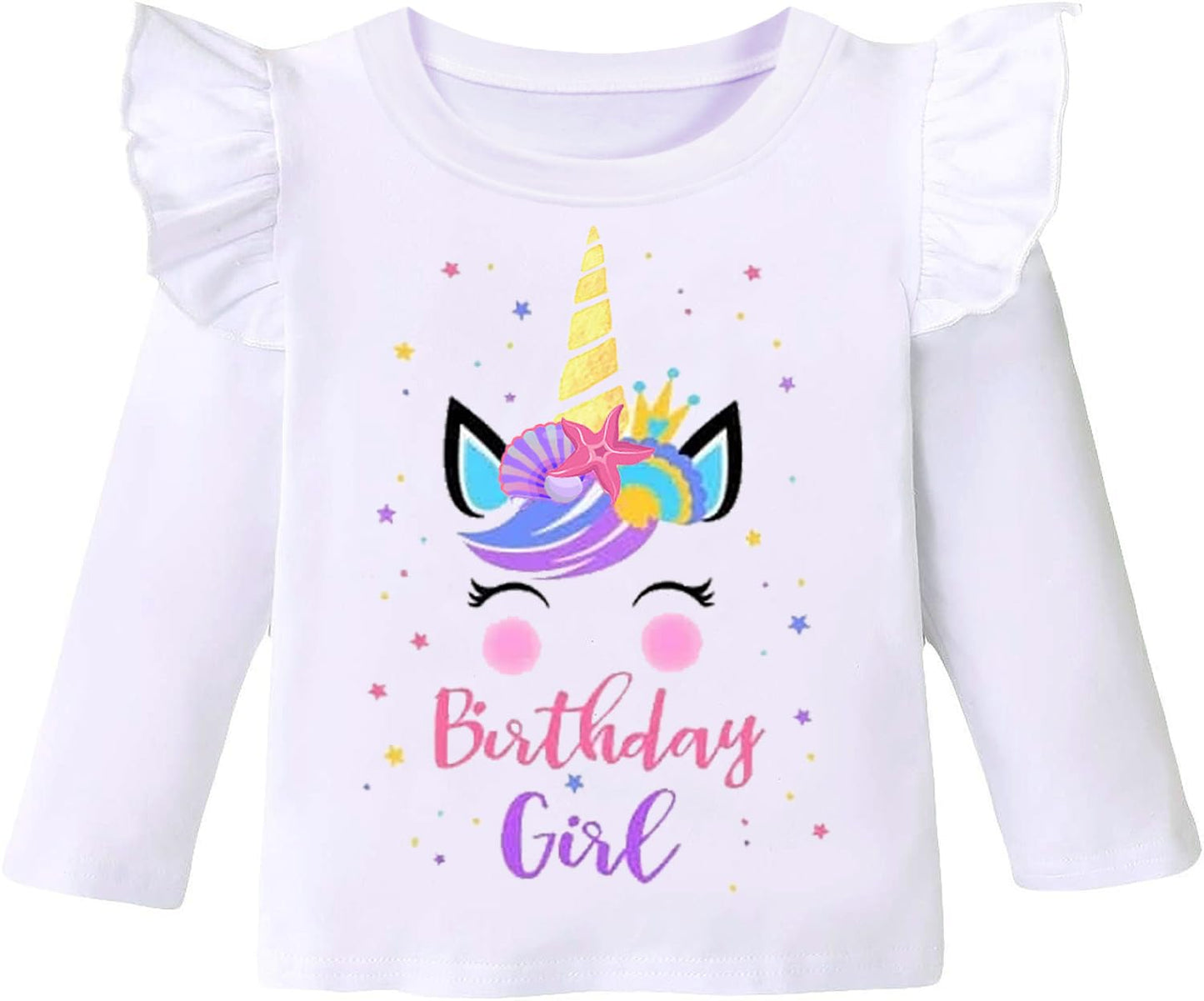 Birthday Girl Shirt Toddler Baby Girls Unicorn T-Shirt 2Nd 3Rd 4Th 5Th 6Th 7Th Birthday White Tee Fall Outfit Fly Sleeve 3T
