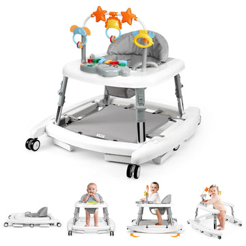 Wolfcode 5-in-1 Music and Lights Baby Walker Foldable with 5 Adjustable Heights, Baby Walker with Wheels and Bouncer Combo Porta