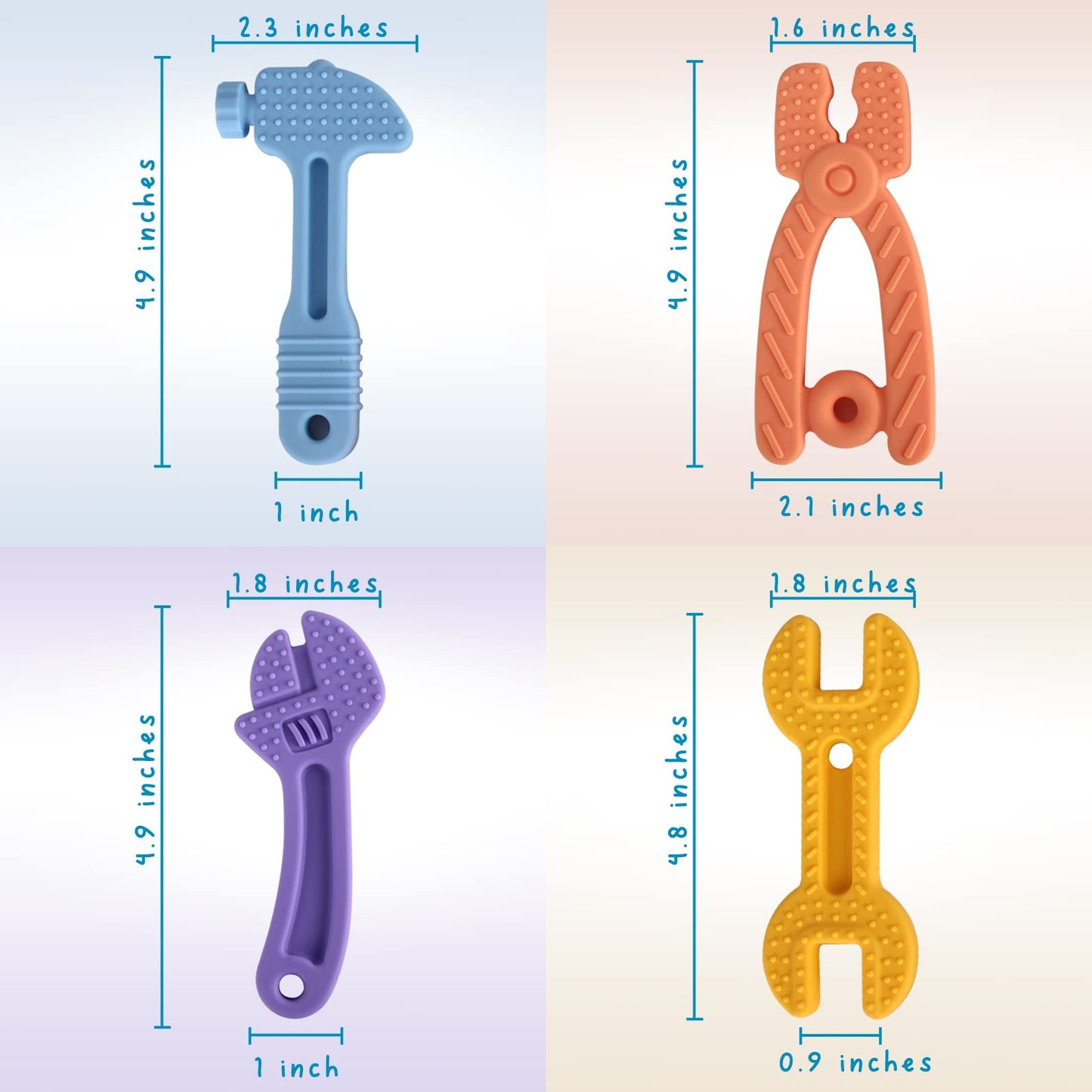 Fu Store 4 Pack Soft Silicone Teething Toys for Toddlers Infant Hammer Spanner Wrench Pliers Tools Shape Baby Teethers Relief So