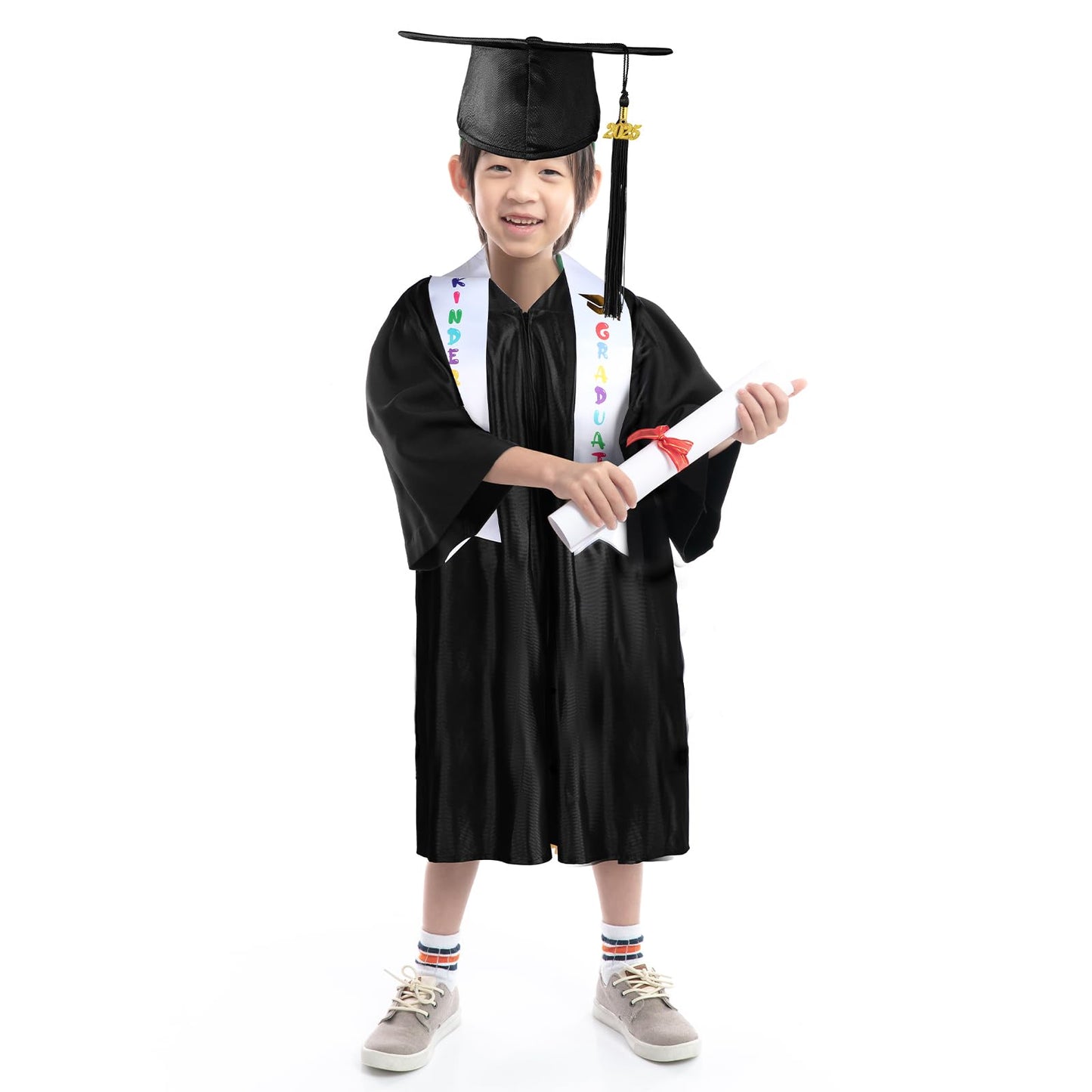 Foaincore 2025 Year Preschool And Kindergarten Graduation Gown Cap Tassel Set With 2025/2025 Charm Printed Stole Grad Gift(Black