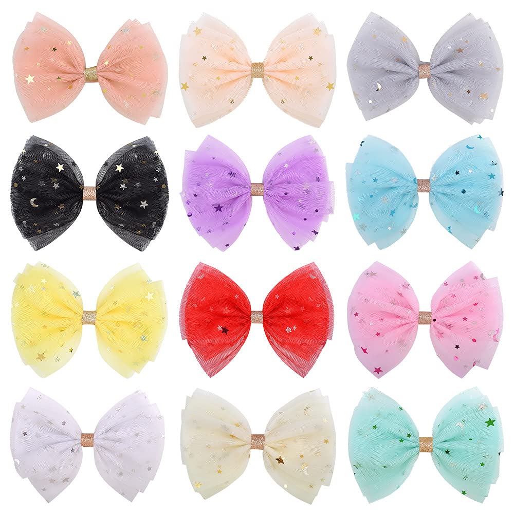 Insowni 12 Pack Tulle Bow With Glitter Star Alligator Hair Clips Barrettes Accessories For Baby Girls Toddlers Kids Children Tee