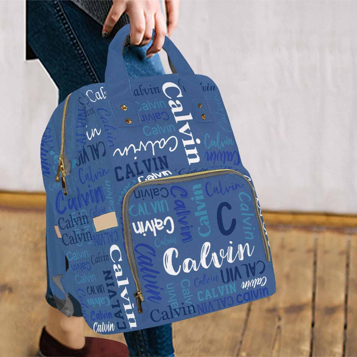 Artsadd Custom Name Diaper Bag For Mom, Personalized Blue Monogram Backpack With Stroller Straps Large Travel Shoulder Bag Capac